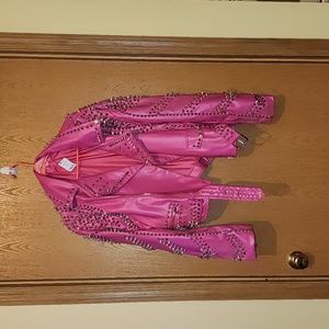 Hot Pink Faux Leather Jacket With Spikes